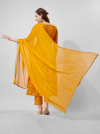 Schiffly Embroidered Flared Kurta With Pant & Dupatta, Mustard - Hiral Fashion | Grocsy