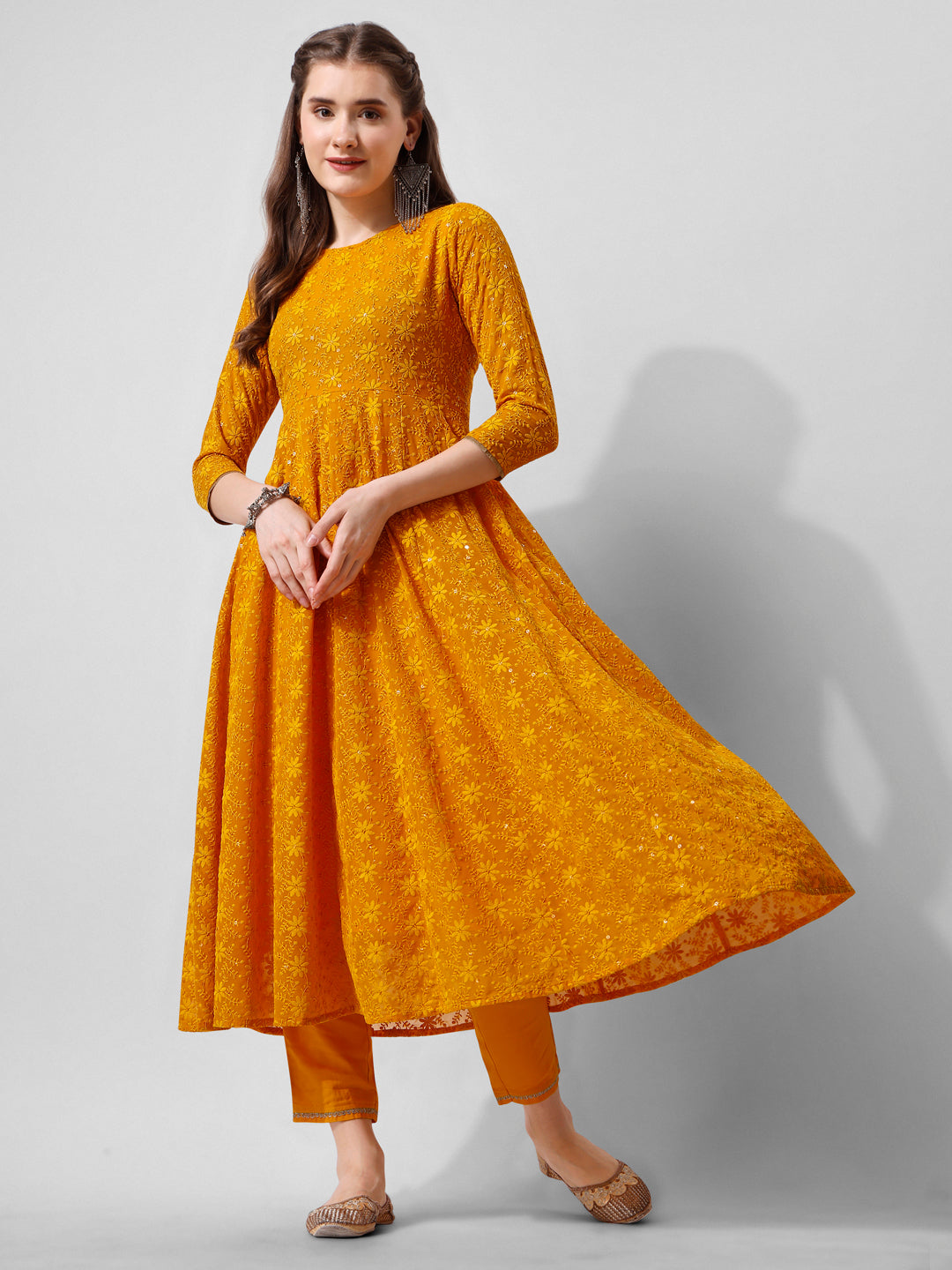 Schiffly Embroidered Flared Kurta With Pant & Dupatta, Mustard - Hiral Fashion | Grocsy