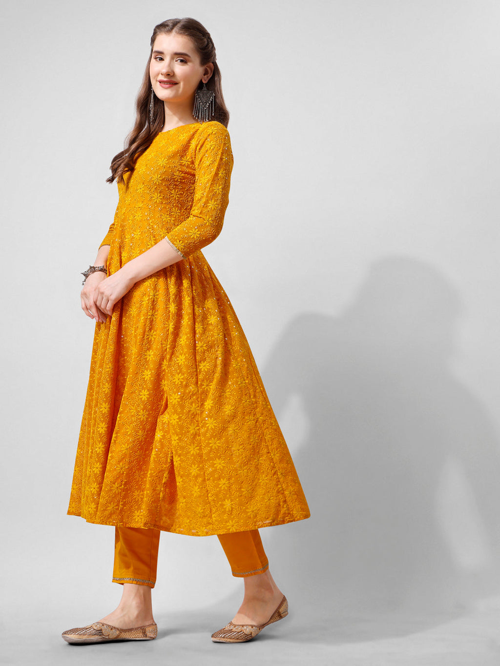 Schiffly Embroidered Flared Kurta With Pant & Dupatta, Mustard - Hiral Fashion | Grocsy