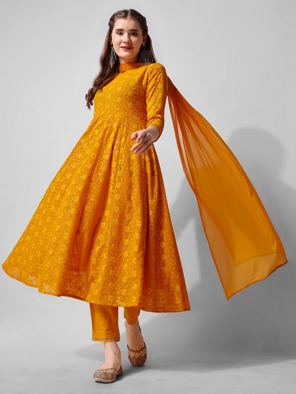 Schiffly Embroidered Flared Kurta With Pant & Dupatta, Mustard - Hiral Fashion | Grocsy