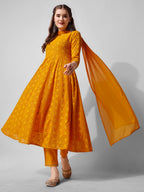 Schiffly Embroidered Flared Kurta With Pant & Dupatta, Mustard - Hiral Fashion | Grocsy
