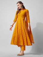 Schiffly Embroidered Flared Kurta With Pant & Dupatta, Mustard - Hiral Fashion | Grocsy