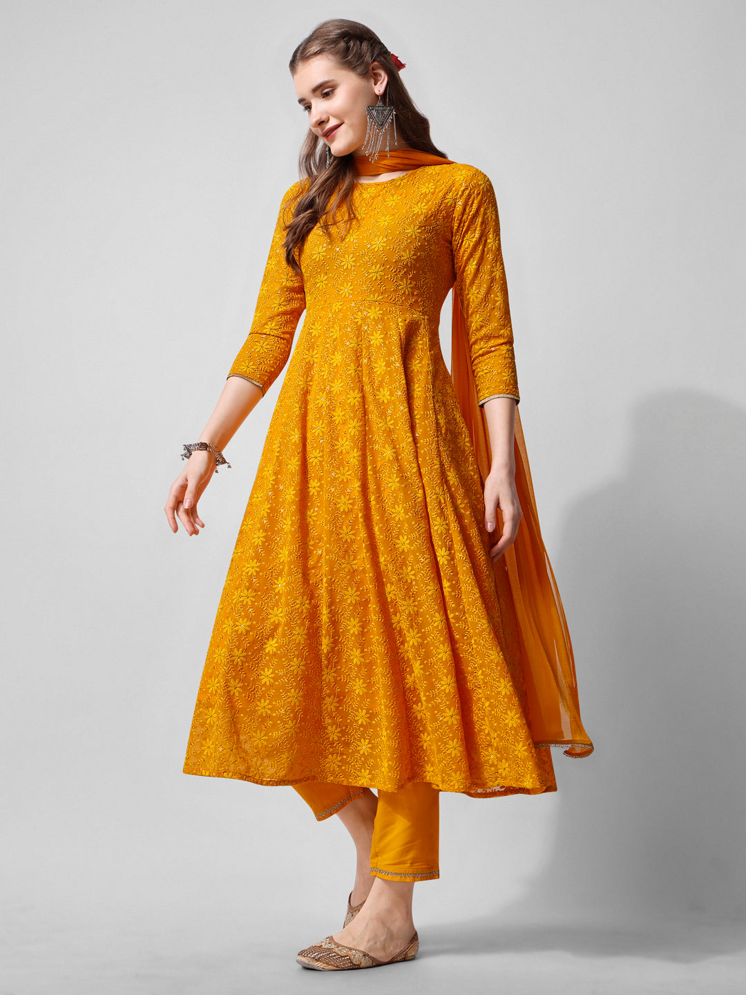 Schiffly Embroidered Flared Kurta With Pant & Dupatta, Mustard - Hiral Fashion | Grocsy