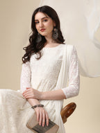 Schiffly Embroidered Flared Kurta With Pant & Dupatta, White - Hiral Fashion | Grocsy