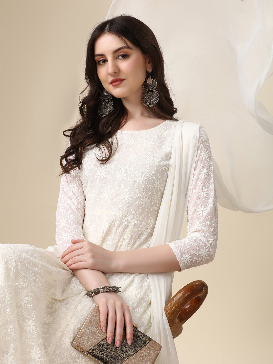 Schiffly Embroidered Flared Kurta With Pant & Dupatta, White - Hiral Fashion | Grocsy