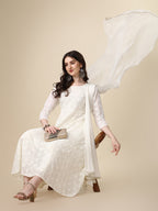Schiffly Embroidered Flared Kurta With Pant & Dupatta, White - Hiral Fashion | Grocsy