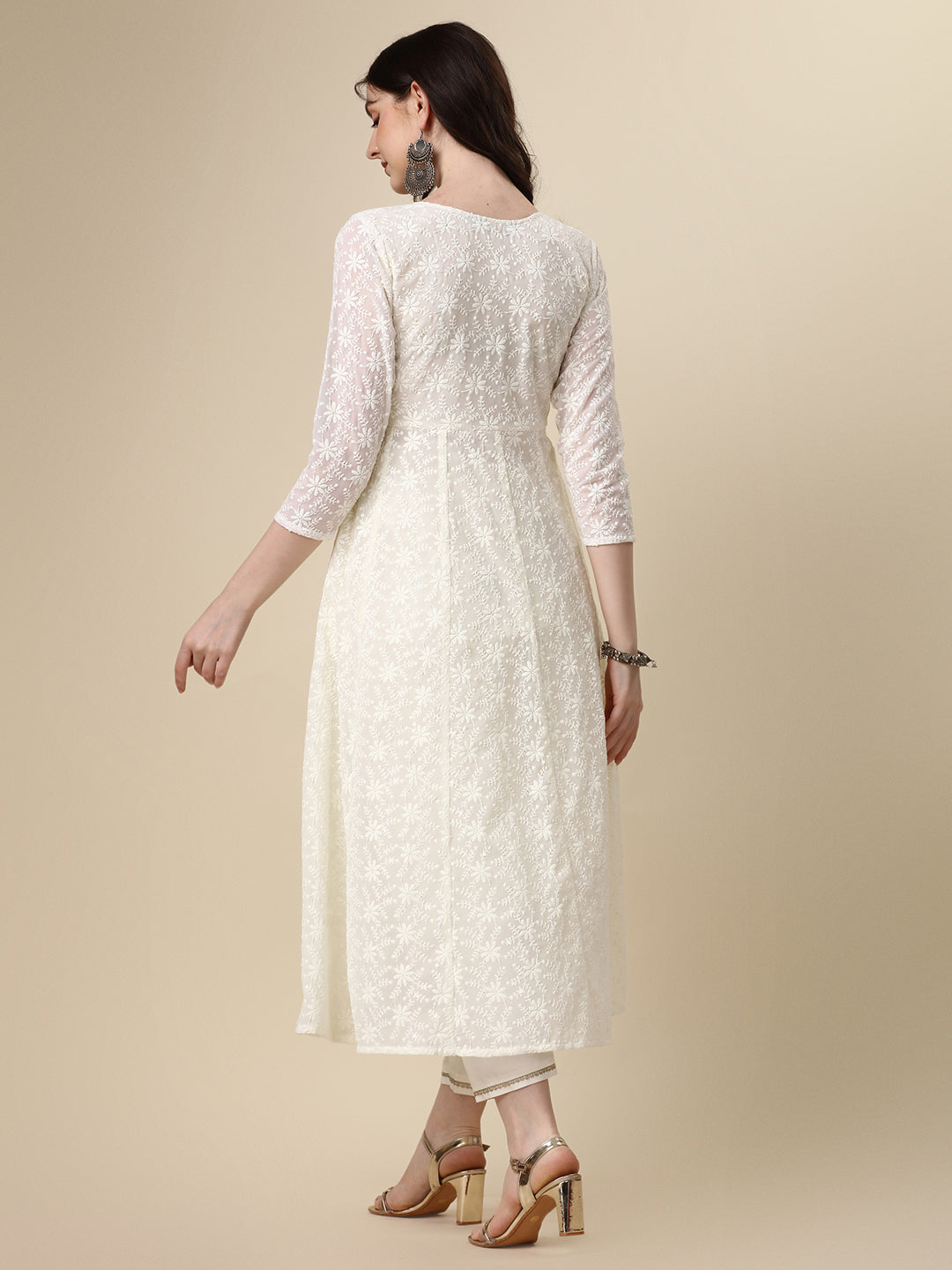 Schiffly Embroidered Flared Kurta With Pant & Dupatta, White - Hiral Fashion | Grocsy