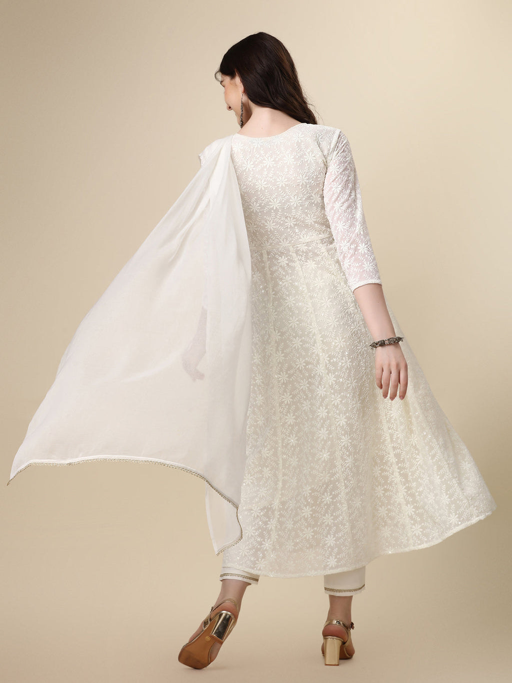Schiffly Embroidered Flared Kurta With Pant & Dupatta, White - Hiral Fashion | Grocsy