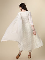 Schiffly Embroidered Flared Kurta With Pant & Dupatta, White - Hiral Fashion | Grocsy