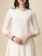Schiffly Embroidered Flared Kurta With Pant & Dupatta, White - Hiral Fashion | Grocsy