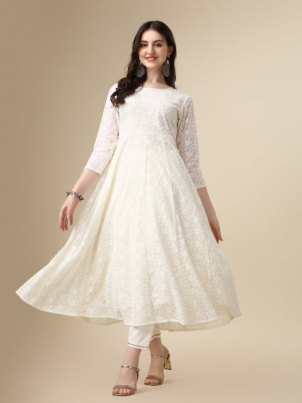 Schiffly Embroidered Flared Kurta With Pant & Dupatta, White - Hiral Fashion | Grocsy