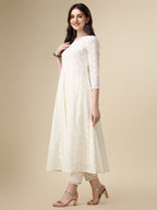 Schiffly Embroidered Flared Kurta With Pant & Dupatta, White - Hiral Fashion | Grocsy