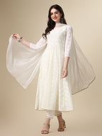 Schiffly Embroidered Flared Kurta With Pant & Dupatta, White - Hiral Fashion | Grocsy