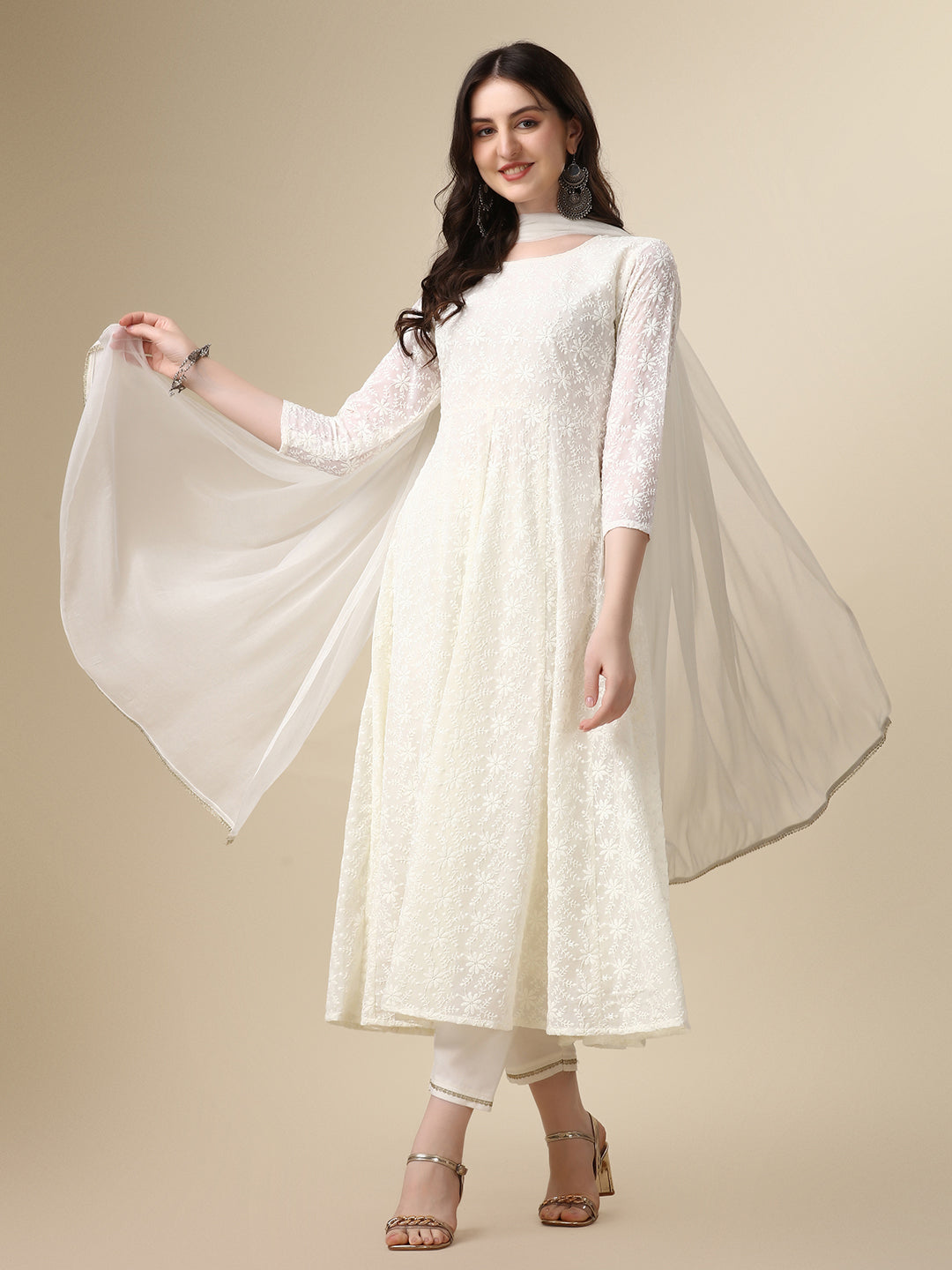 Schiffly Embroidered Flared Kurta With Pant & Dupatta, White - Hiral Fashion | Grocsy