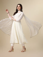 Schiffly Embroidered Flared Kurta With Pant & Dupatta, White - Hiral Fashion | Grocsy