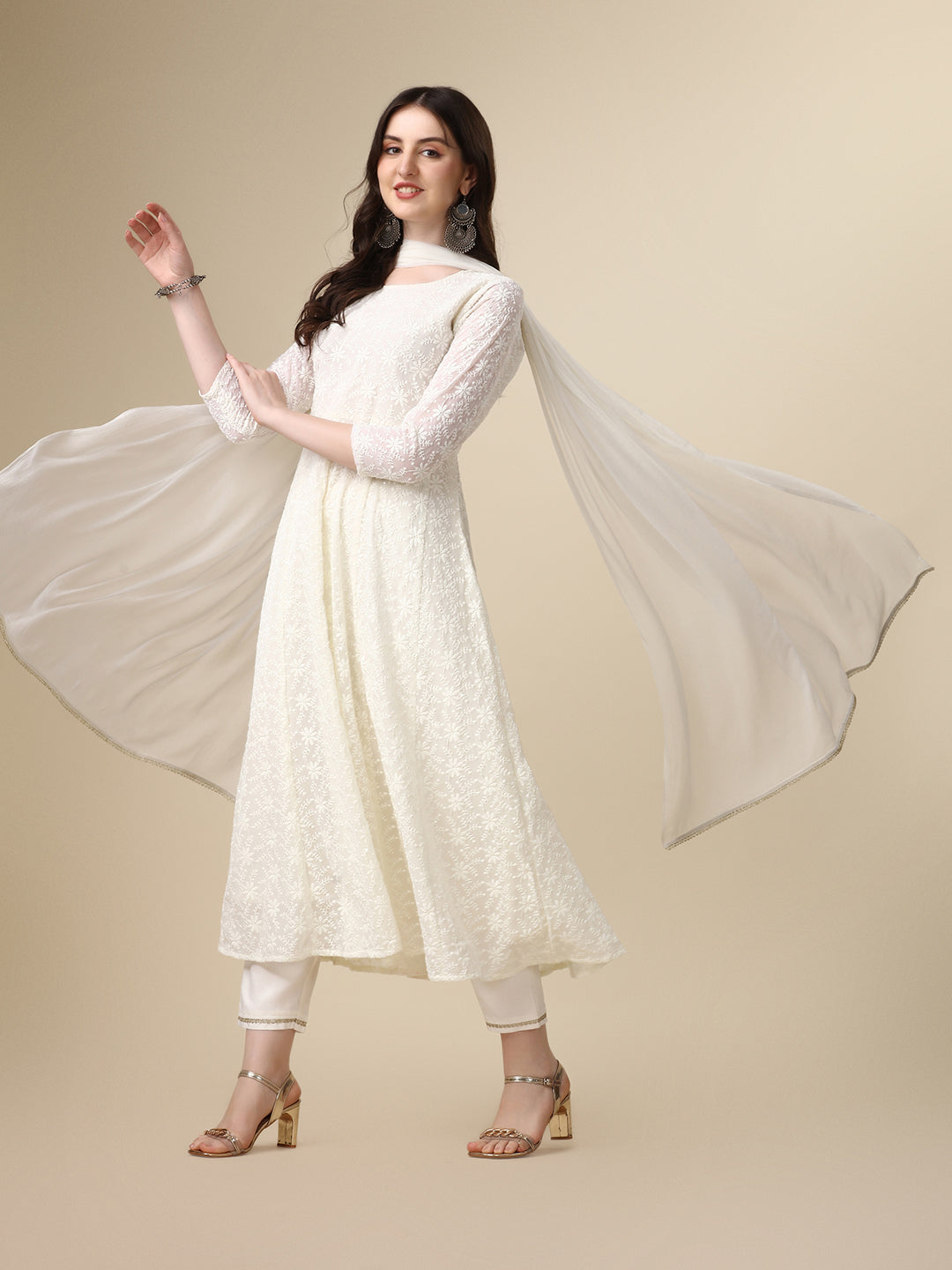 Schiffly Embroidered Flared Kurta With Pant & Dupatta, White - Hiral Fashion | Grocsy
