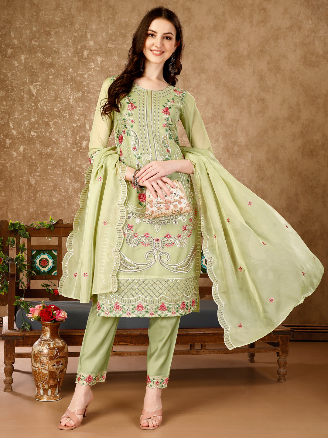 Pakistani Embroidered Kurta With Embroidered Pant & Embroidered Organza Dupatta Luxury Premium, Multicolor - Hiral Fashion | Grocsy