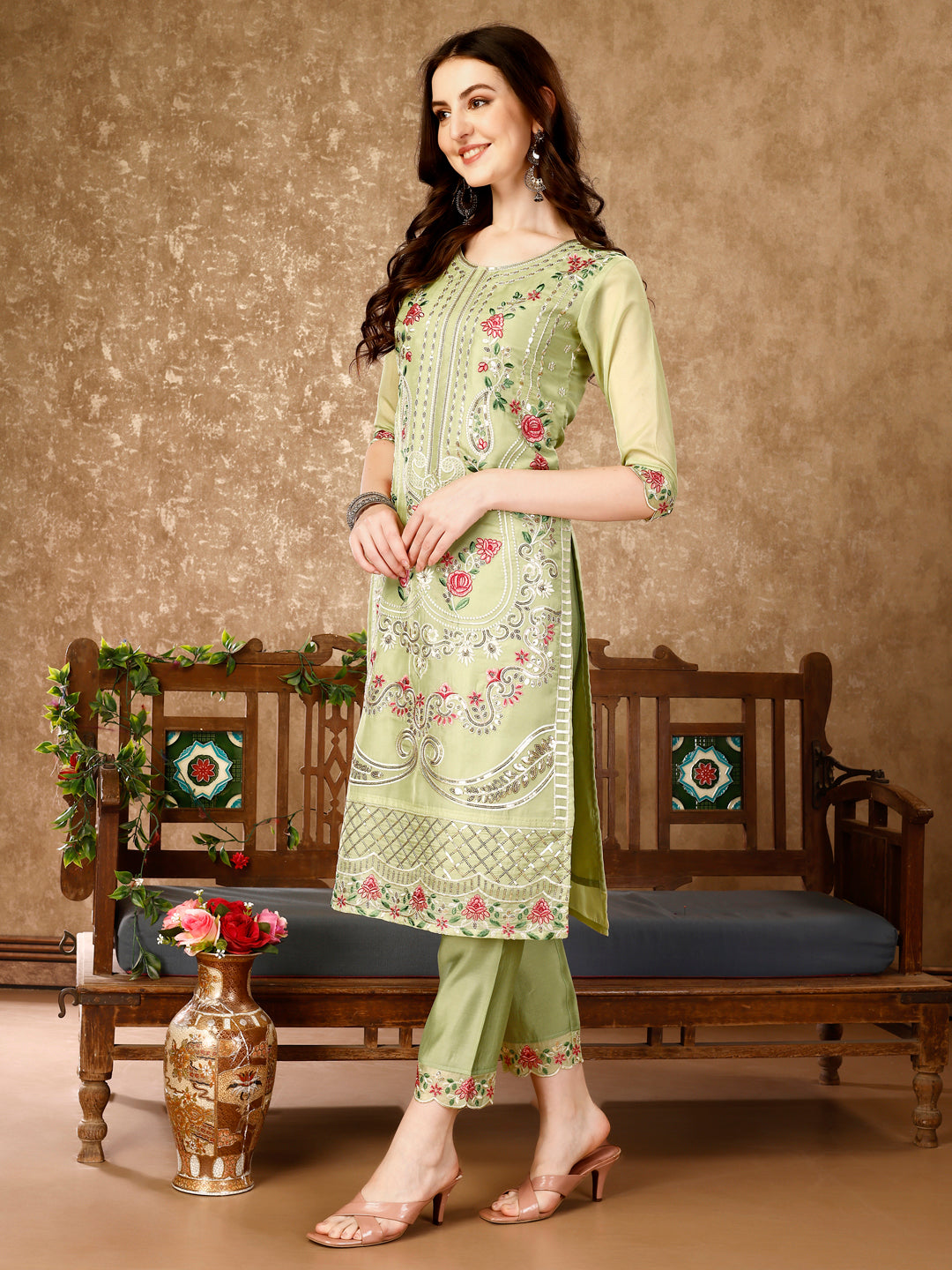 Pakistani Embroidered Kurta With Embroidered Pant & Embroidered Organza Dupatta Luxury Premium, Multicolor - Hiral Fashion | Grocsy