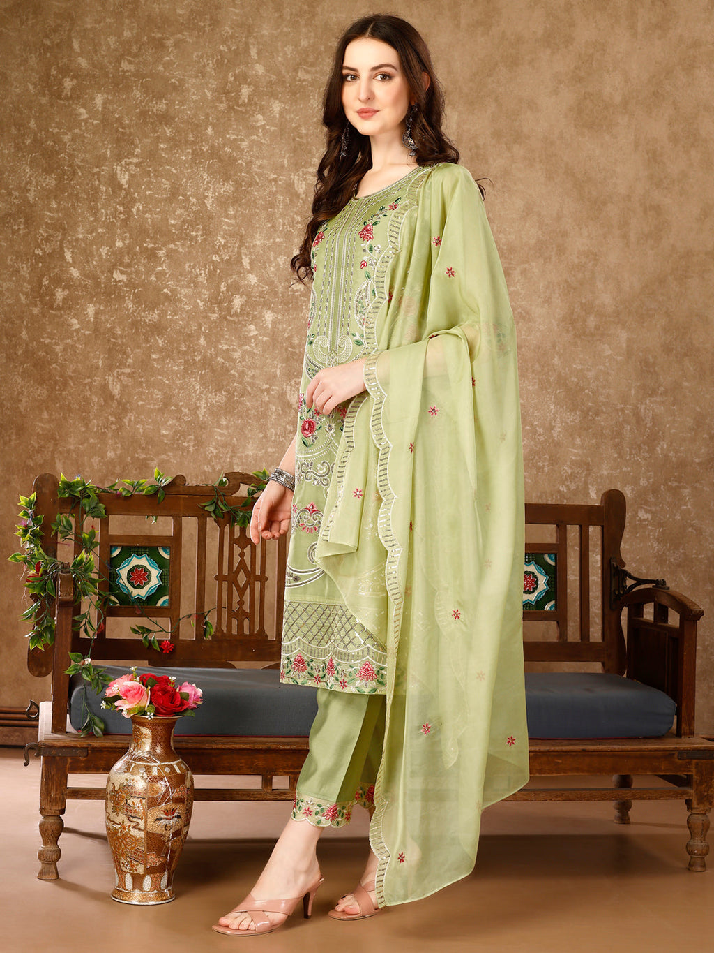 Pakistani Embroidered Kurta With Embroidered Pant & Embroidered Organza Dupatta Luxury Premium, Multicolor - Hiral Fashion | Grocsy