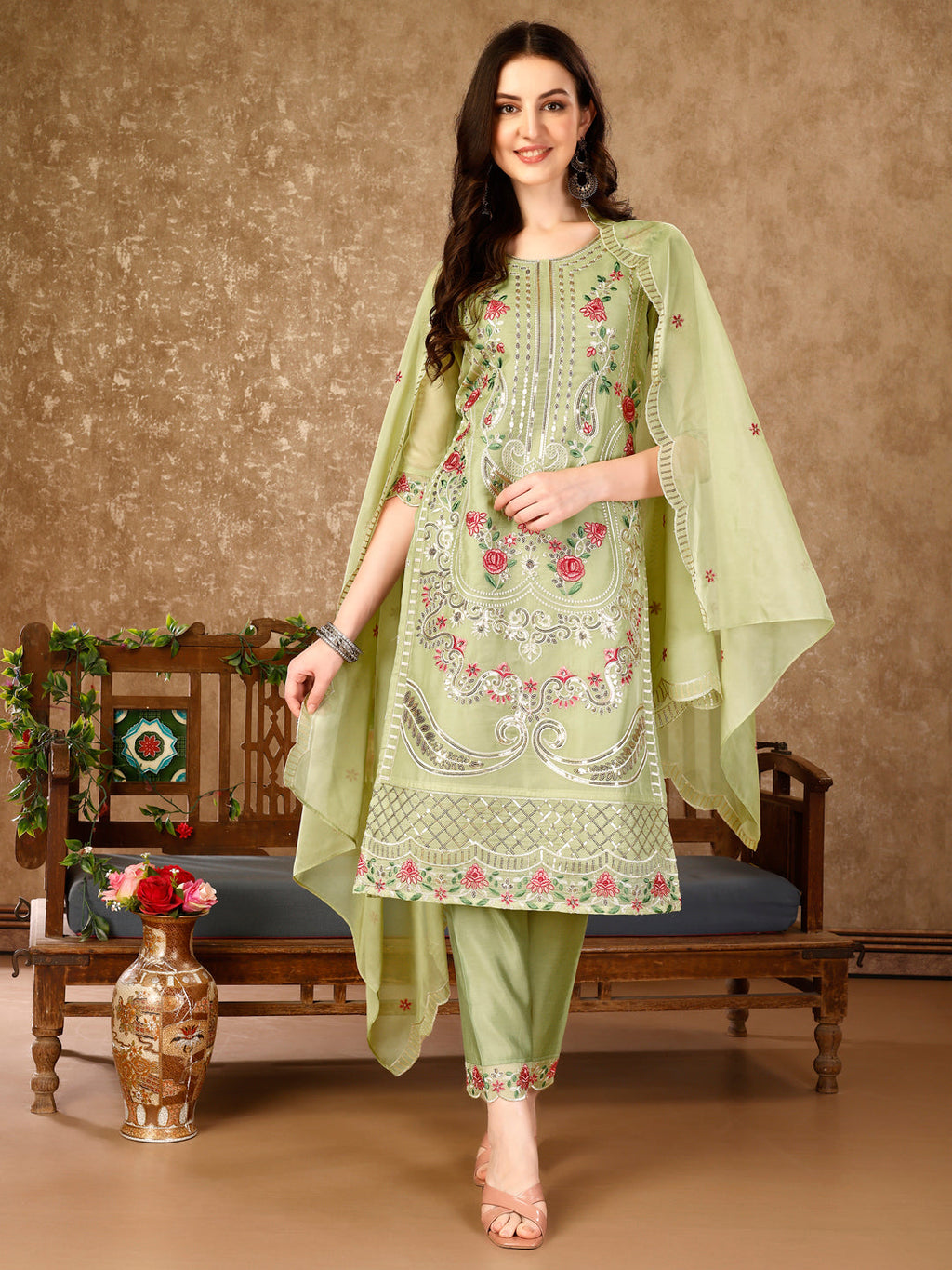 Pakistani Embroidered Kurta With Embroidered Pant & Embroidered Organza Dupatta Luxury Premium, Multicolor - Hiral Fashion | Grocsy