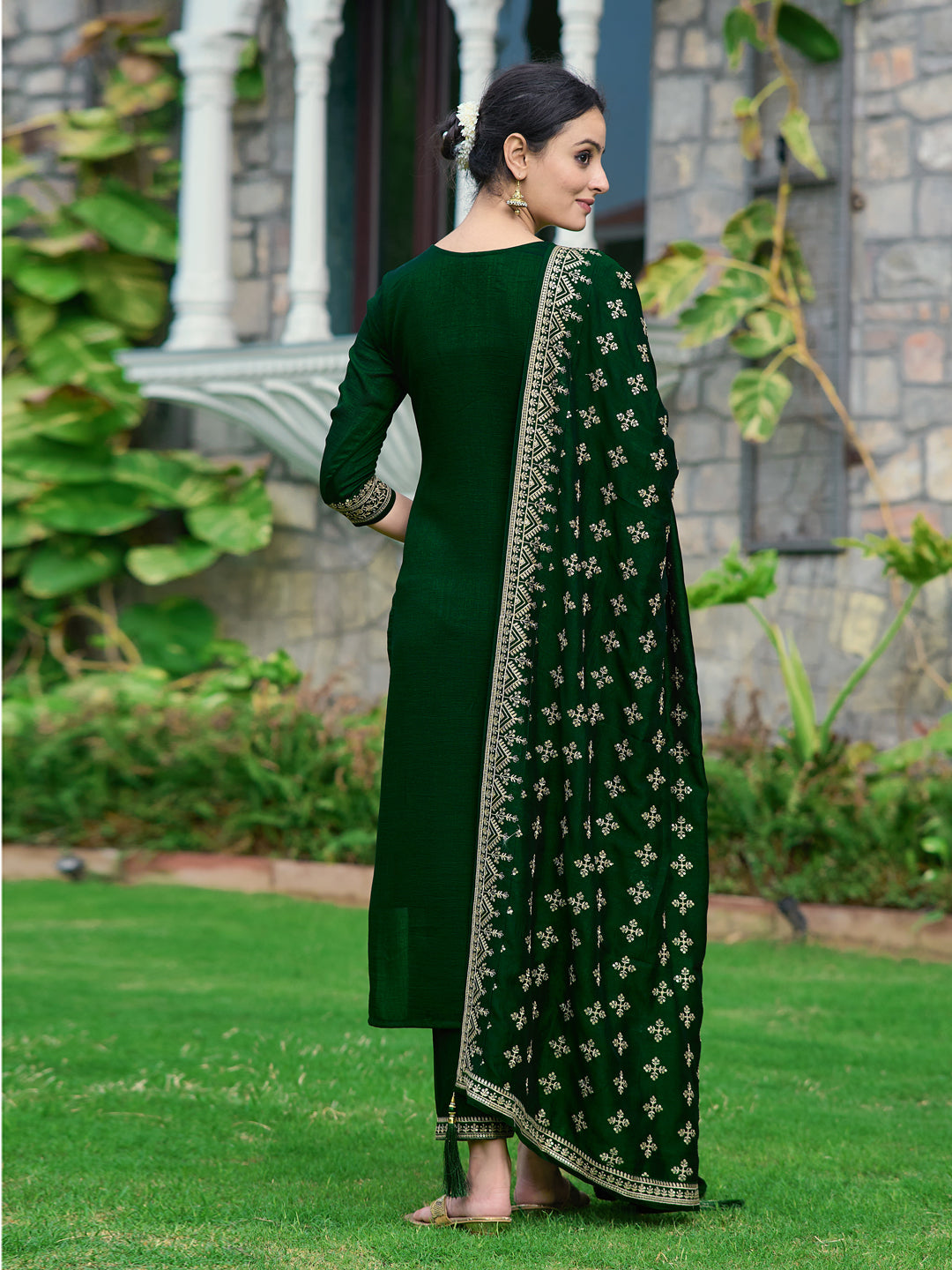 Embroidered Kurta With Pant & Embroidered Dupatta, Bottle-Green - Hiral Fashion | Grocsy