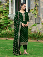 Embroidered Kurta With Pant & Embroidered Dupatta, Bottle-Green - Hiral Fashion | Grocsy