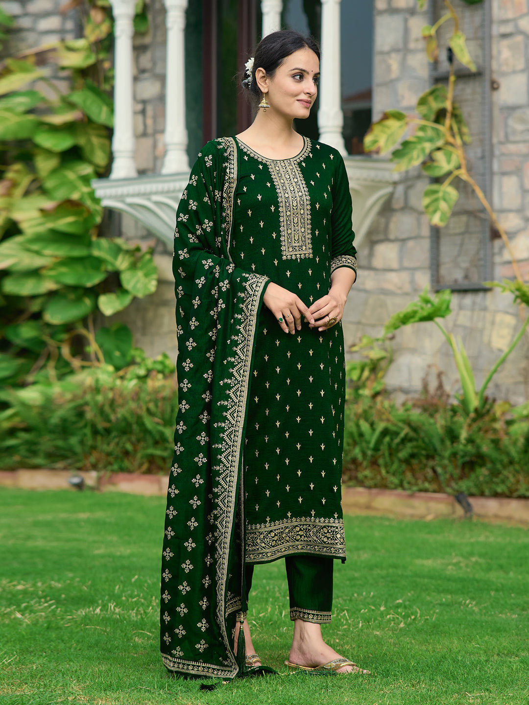 Embroidered Kurta With Pant & Embroidered Dupatta, Bottle-Green - Hiral Fashion | Grocsy