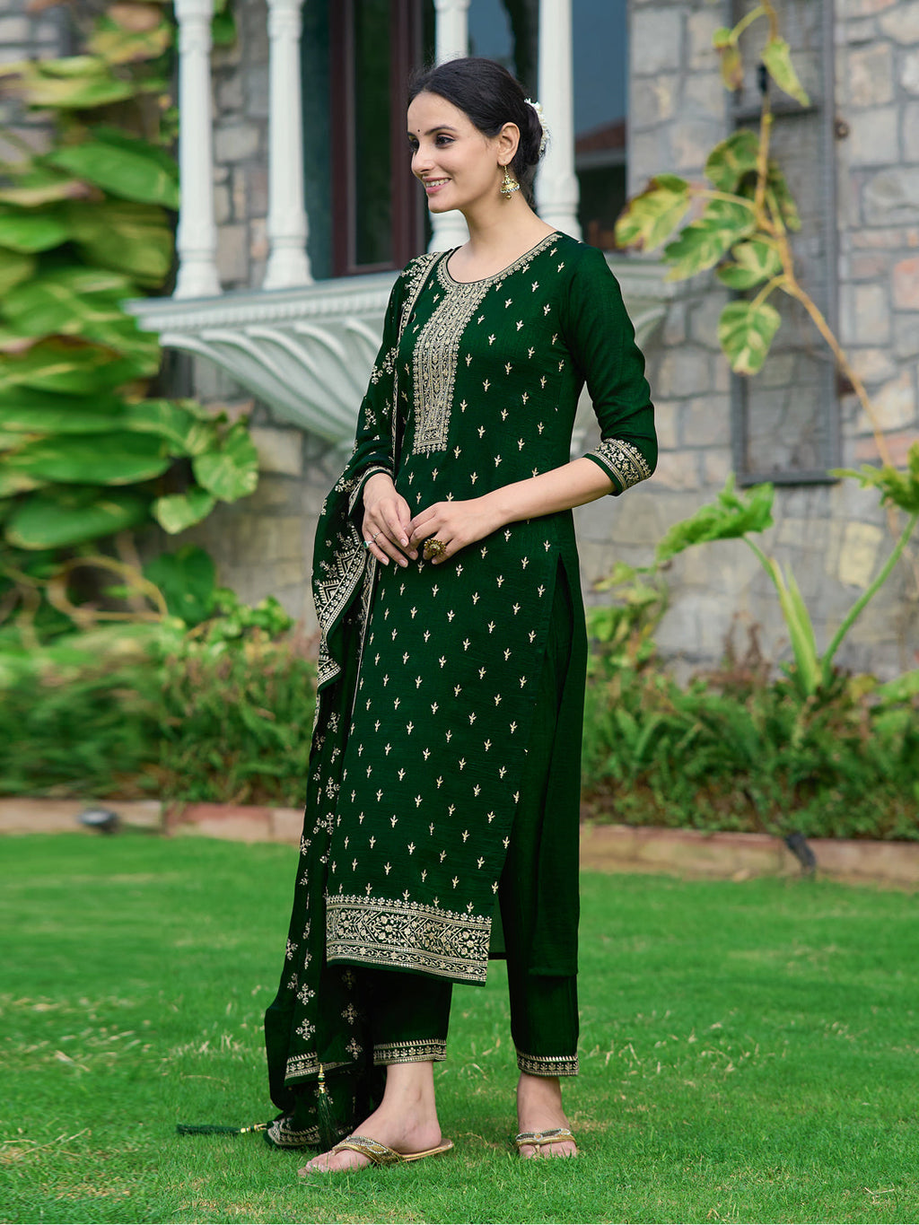Embroidered Kurta With Pant & Embroidered Dupatta, Bottle-Green - Hiral Fashion | Grocsy