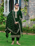 Embroidered Kurta With Pant & Embroidered Dupatta, Bottle-Green - Hiral Fashion | Grocsy