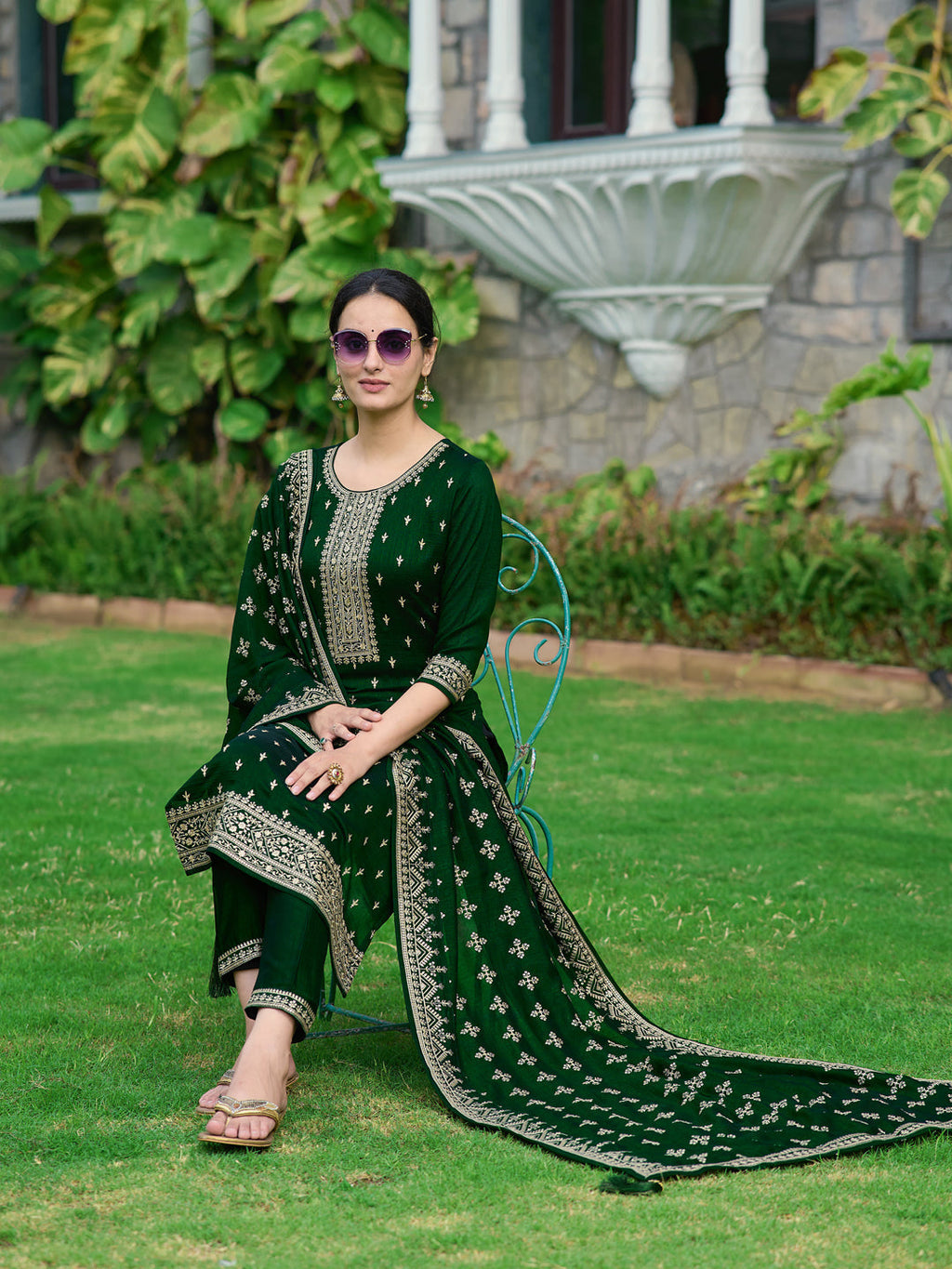 Embroidered Kurta With Pant & Embroidered Dupatta, Bottle-Green - Hiral Fashion | Grocsy