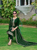 Embroidered Kurta With Pant & Embroidered Dupatta, Bottle-Green - Hiral Fashion | Grocsy