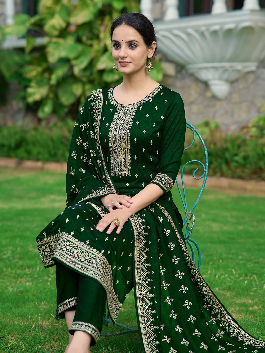 Embroidered Kurta With Pant & Embroidered Dupatta, Bottle-Green - Hiral Fashion | Grocsy