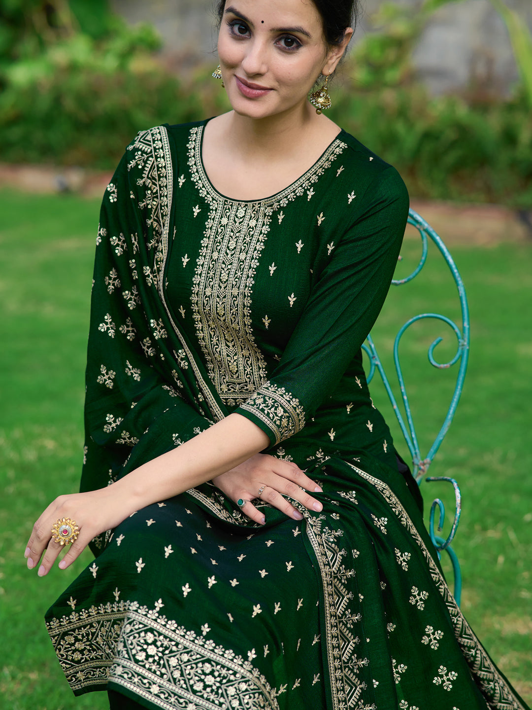 Embroidered Kurta With Pant & Embroidered Dupatta, Bottle-Green - Hiral Fashion | Grocsy