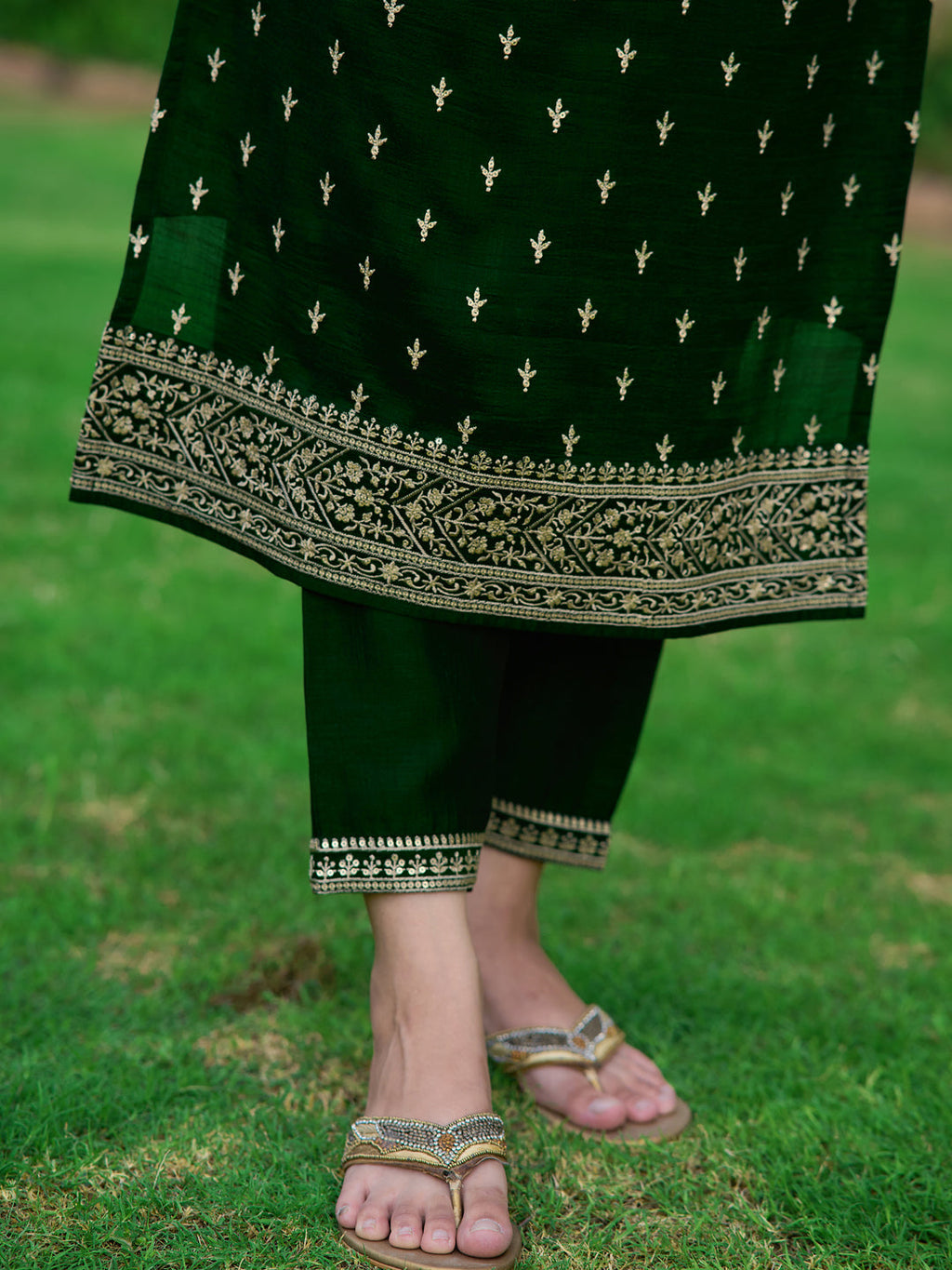 Embroidered Kurta With Pant & Embroidered Dupatta, Bottle-Green - Hiral Fashion | Grocsy