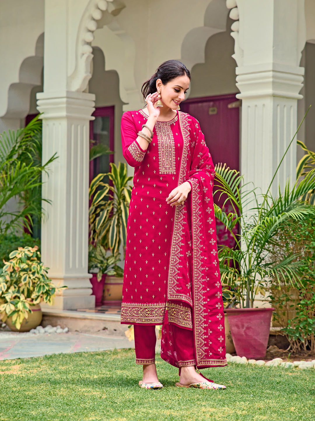 Embroidered Kurta With Pant & Embroidered Dupatta, Pink - Hiral Fashion | Grocsy