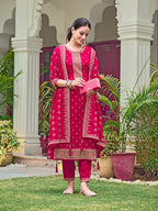 Embroidered Kurta With Pant & Embroidered Dupatta, Pink - Hiral Fashion | Grocsy