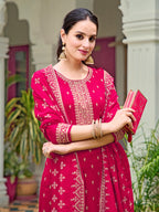 Embroidered Kurta With Pant & Embroidered Dupatta, Pink - Hiral Fashion | Grocsy