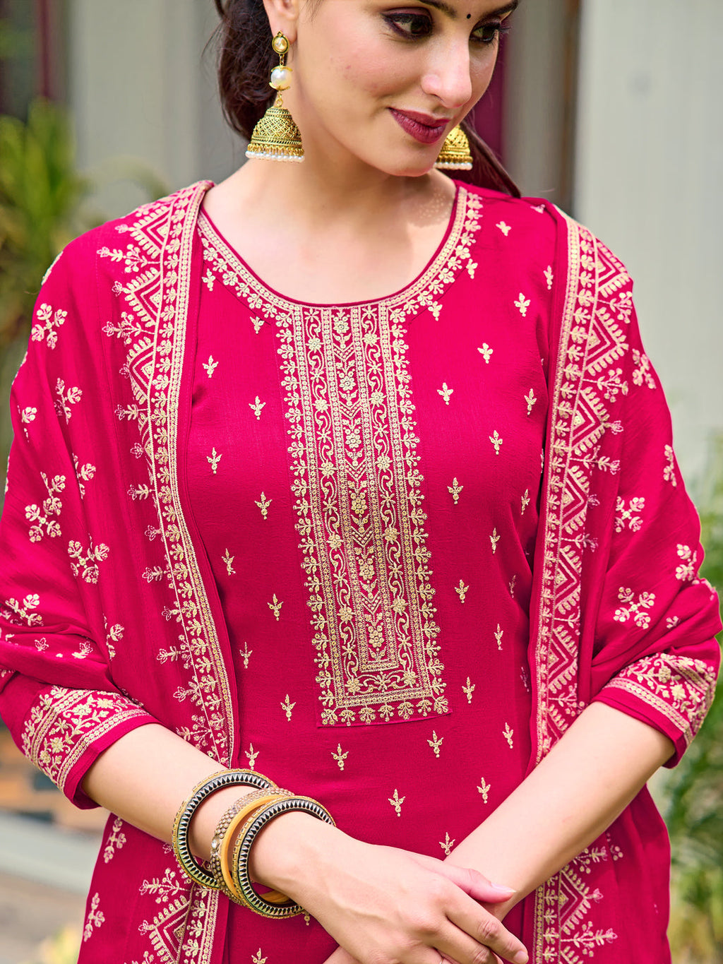 Embroidered Kurta With Pant & Embroidered Dupatta, Pink - Hiral Fashion | Grocsy