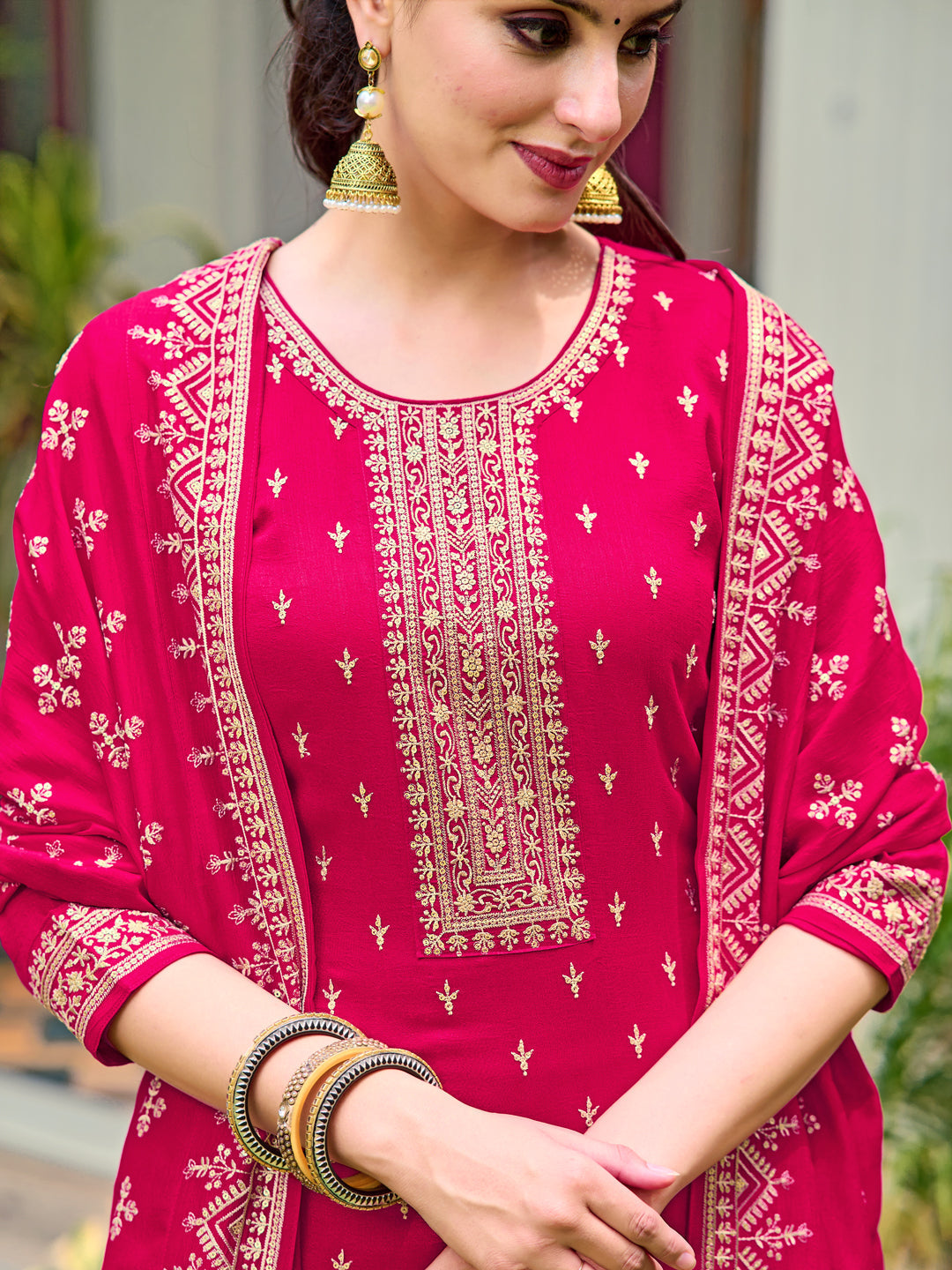 Embroidered Kurta With Pant & Embroidered Dupatta, Pink - Hiral Fashion | Grocsy