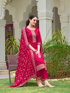 Embroidered Kurta With Pant & Embroidered Dupatta, Pink - Hiral Fashion | Grocsy