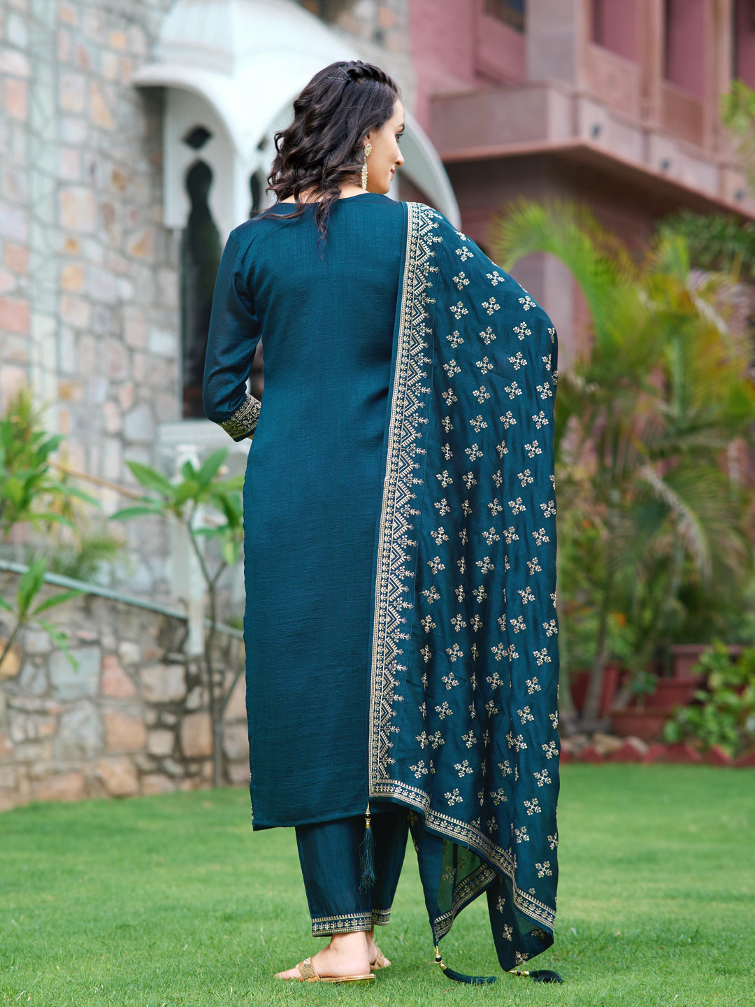 Embroidered Kurta With Pant & Embroidered Dupatta, Navy Blue - Hiral Fashion | Grocsy