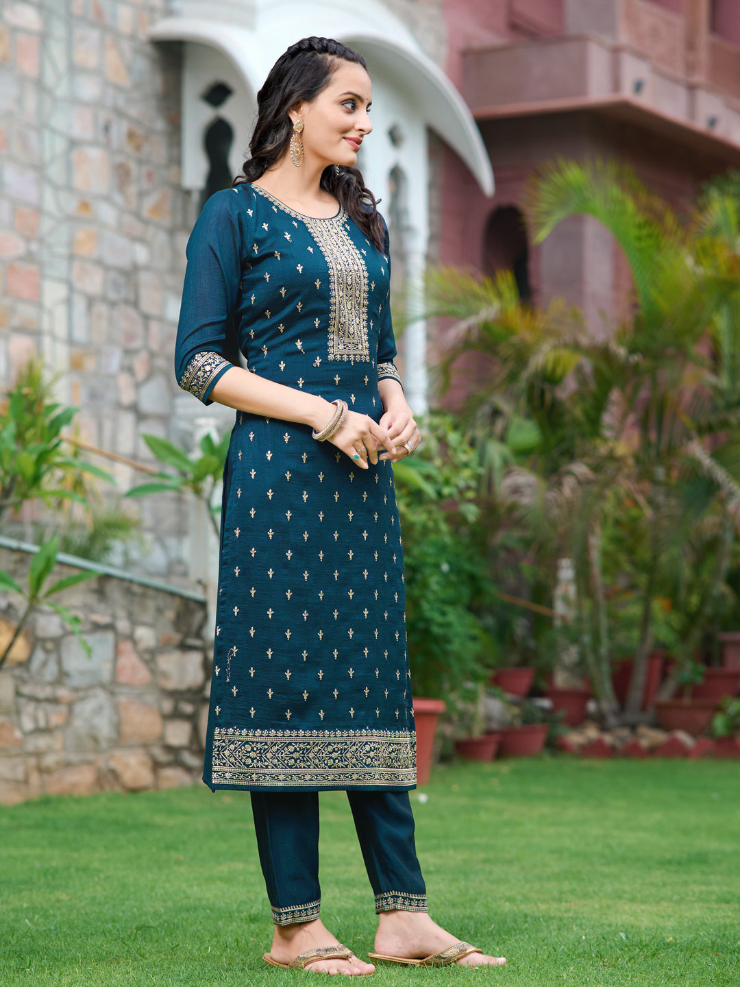 Embroidered Kurta With Pant & Embroidered Dupatta, Navy Blue - Hiral Fashion | Grocsy