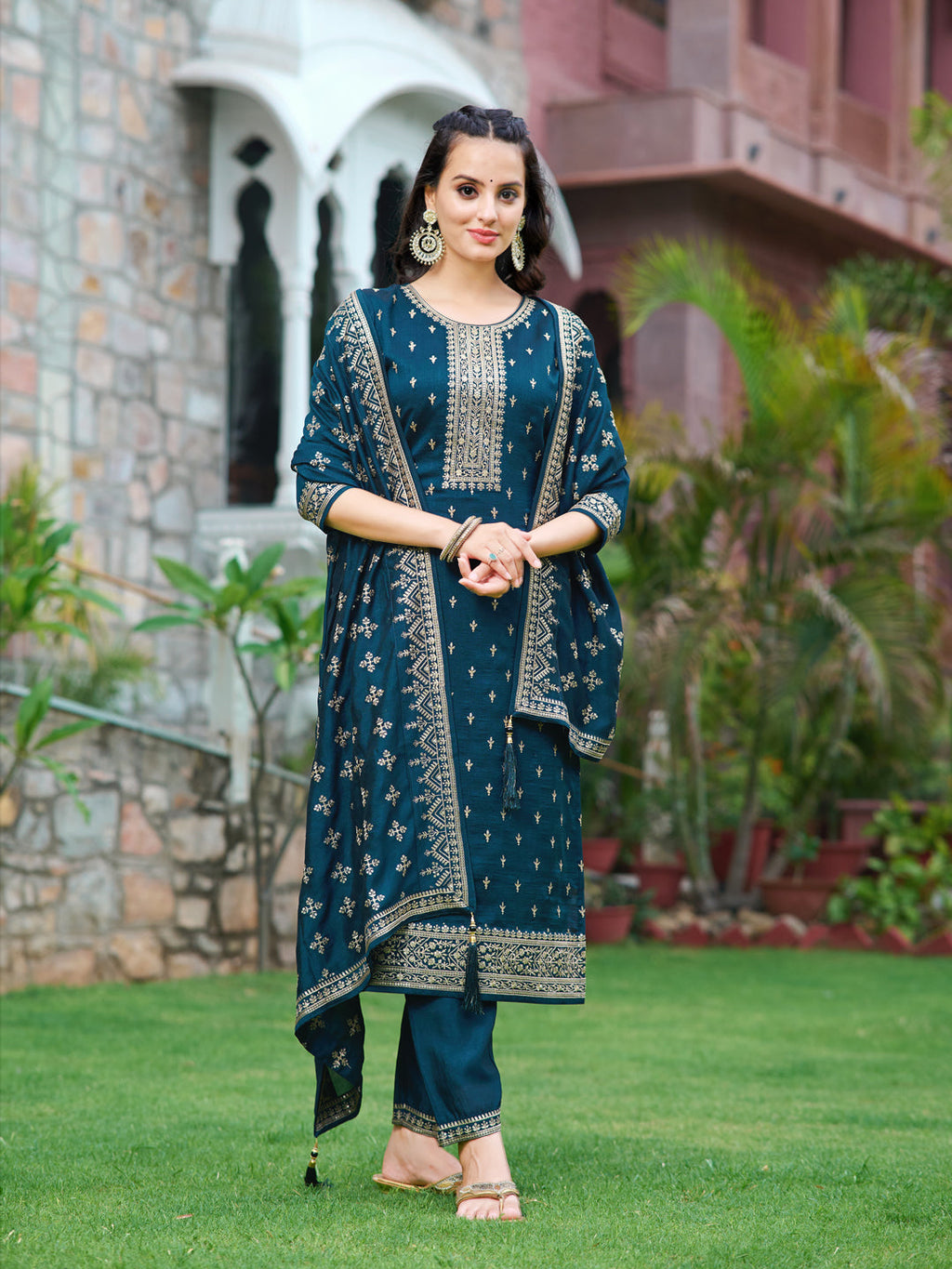 Embroidered Kurta With Pant & Embroidered Dupatta, Navy Blue - Hiral Fashion | Grocsy