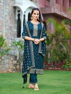 Embroidered Kurta With Pant & Embroidered Dupatta, Navy Blue - Hiral Fashion | Grocsy