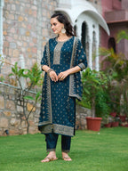 Embroidered Kurta With Pant & Embroidered Dupatta, Navy Blue - Hiral Fashion | Grocsy