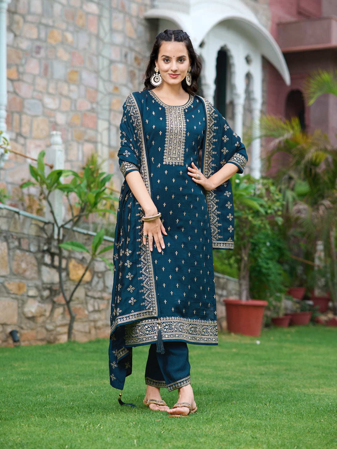 Embroidered Kurta With Pant & Embroidered Dupatta, Navy Blue - Hiral Fashion | Grocsy