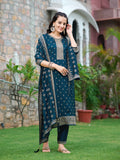 Embroidered Kurta With Pant & Embroidered Dupatta, Navy Blue - Hiral Fashion | Grocsy
