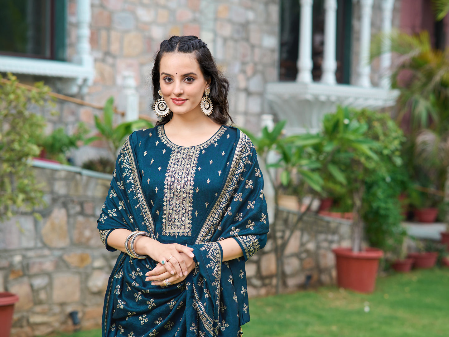 Embroidered Kurta With Pant & Embroidered Dupatta, Navy Blue - Hiral Fashion | Grocsy