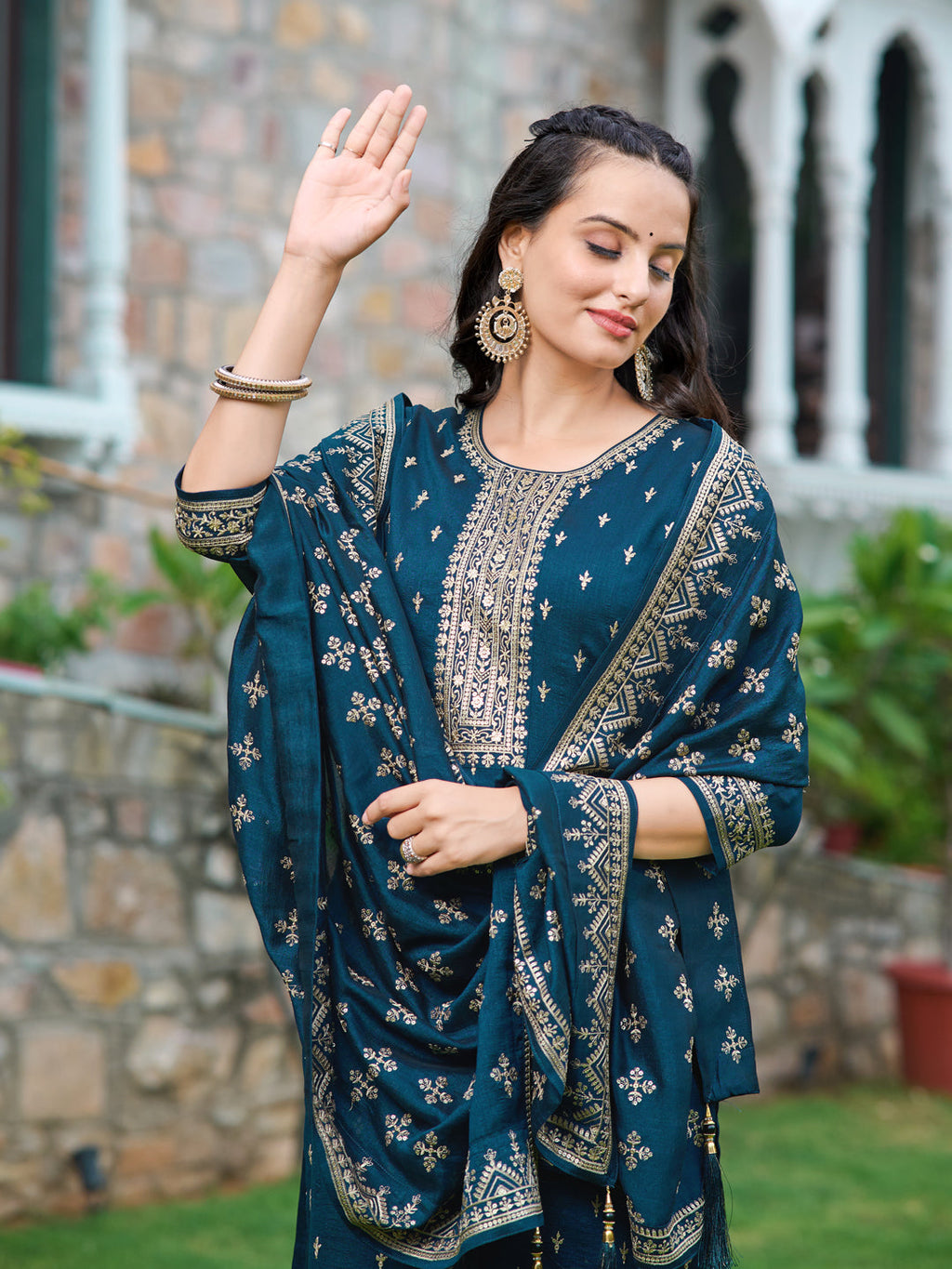 Embroidered Kurta With Pant & Embroidered Dupatta, Navy Blue - Hiral Fashion | Grocsy