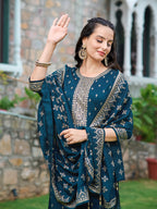 Embroidered Kurta With Pant & Embroidered Dupatta, Navy Blue - Hiral Fashion | Grocsy